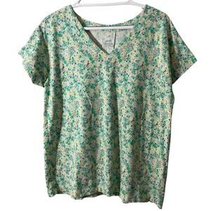 J. Jill Luxe Supima Pleat-Back Tee Size L Tall Floral Green Multi